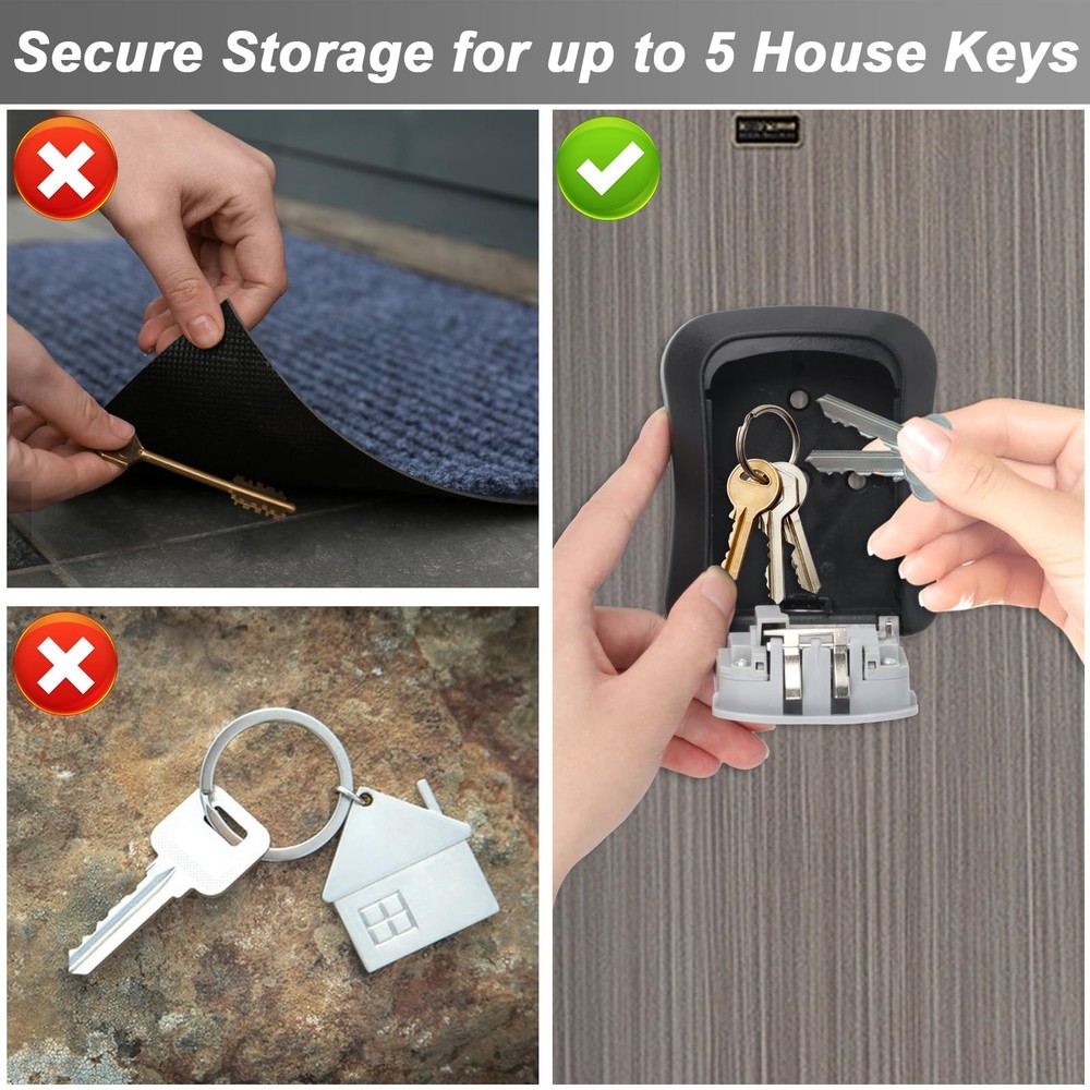 Key Lock Box for Outside, Wall Mounted, Waterproof Resettable Code Safe Secur...