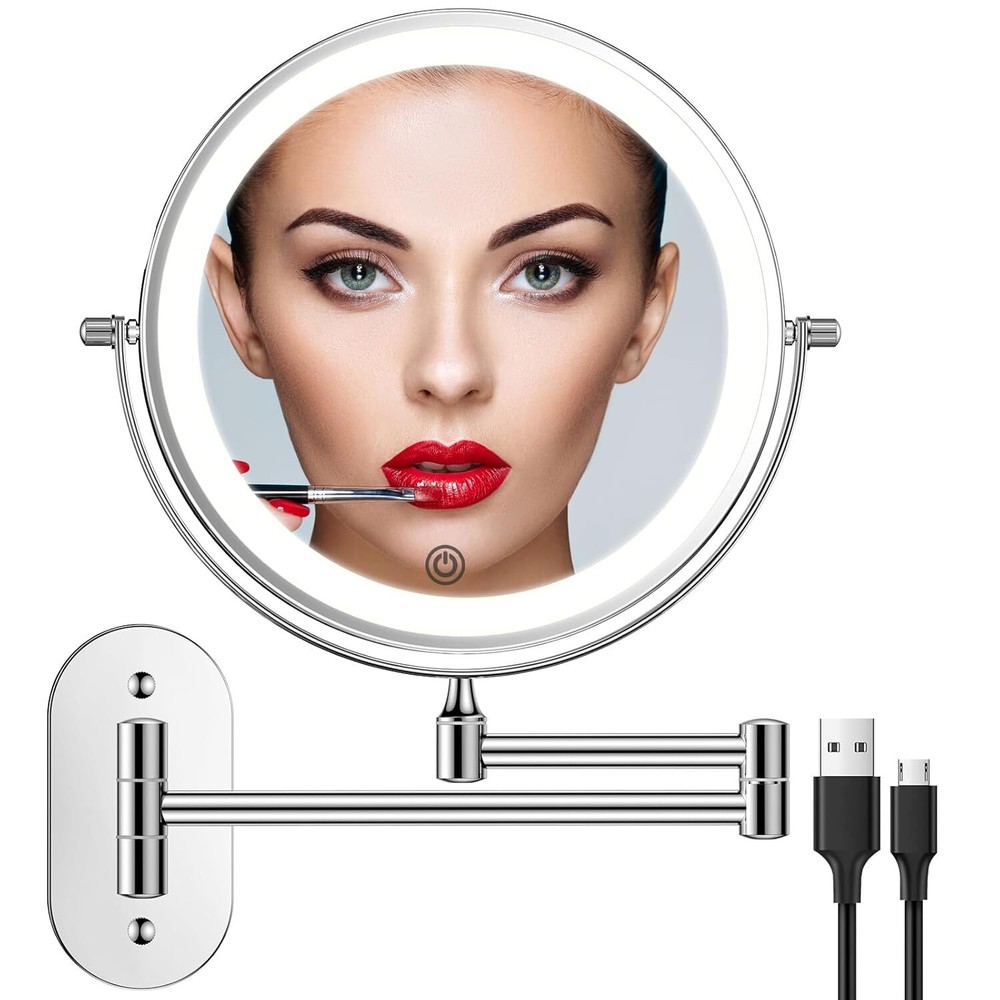 Rechargeable wall mounted illuminated vanity mirror 8 inch double sided