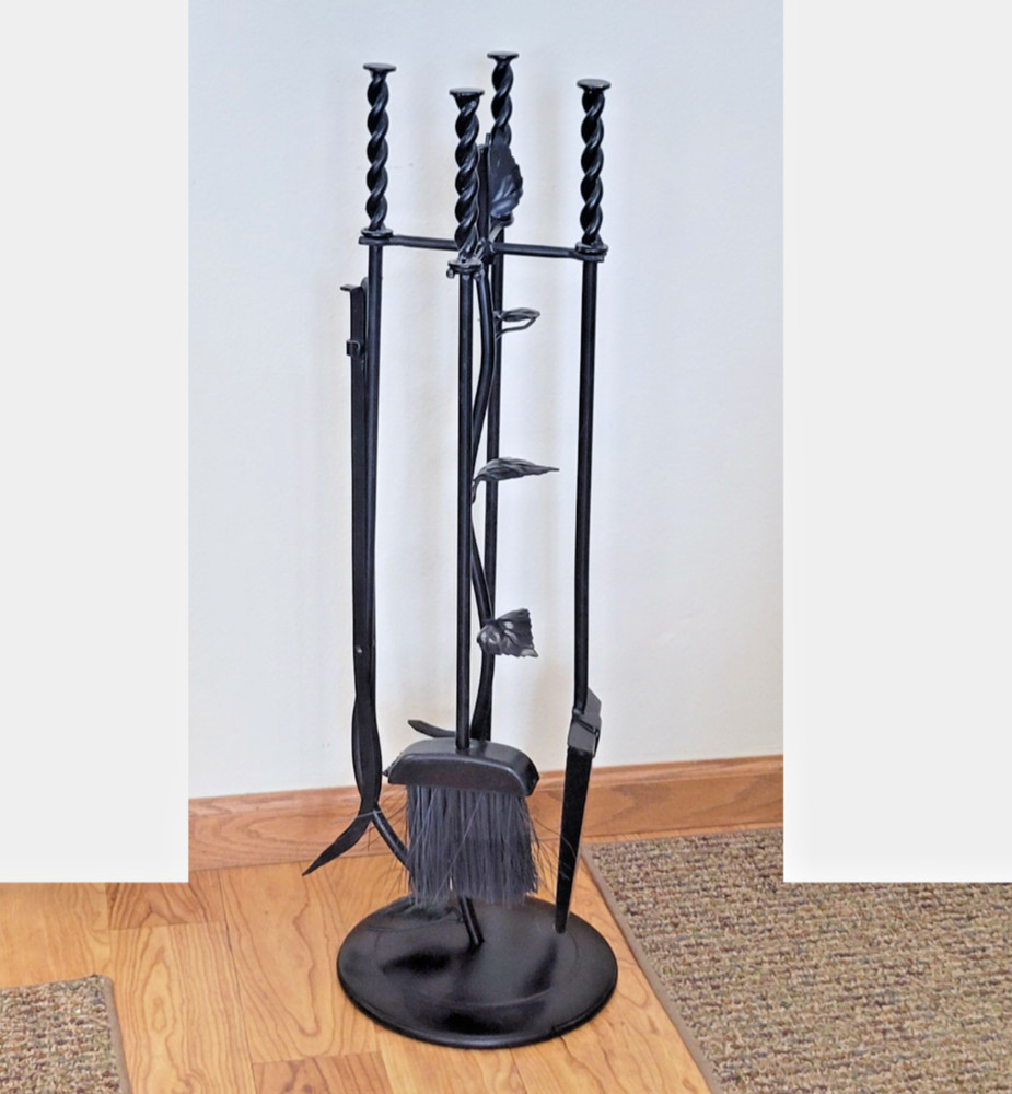 Vintage Black Wrought Iron Leaf Fireplace Tools Set