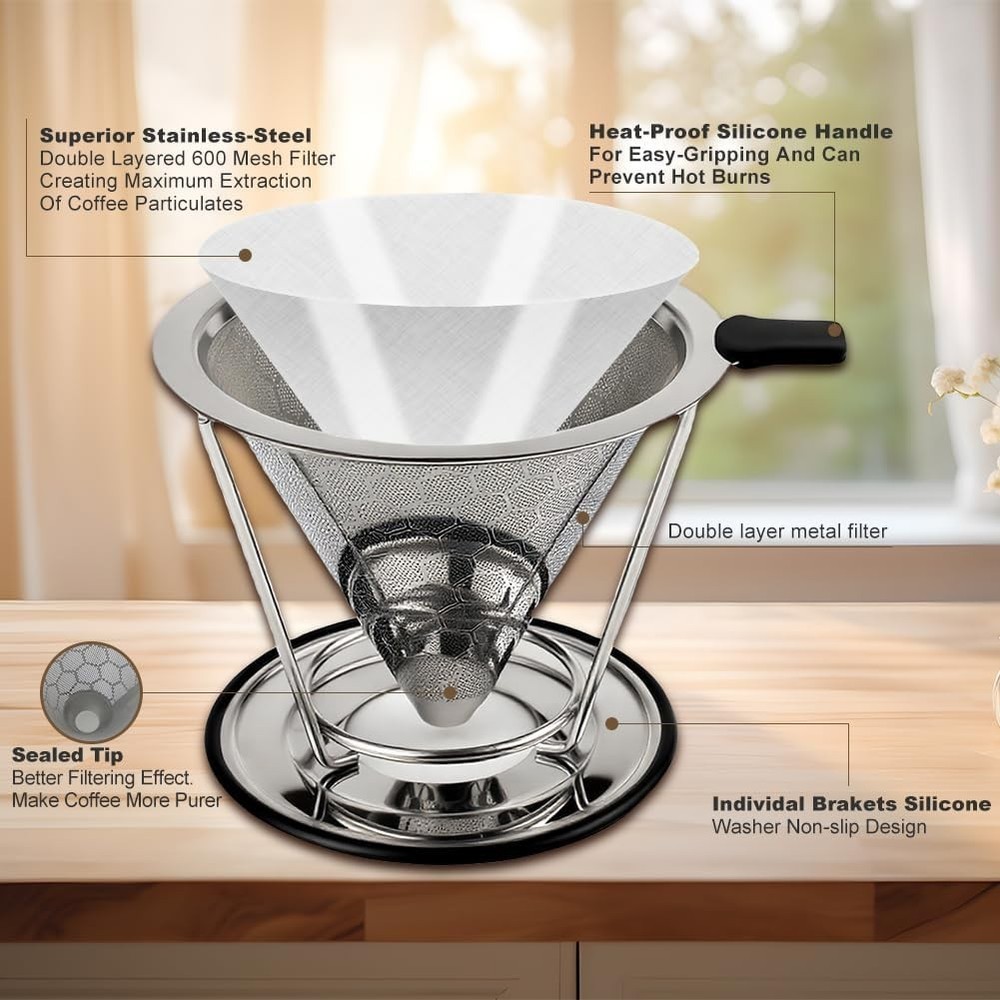 Stainless Steel Pour Over Coffee Dripper Reusable Cone Filter Portable