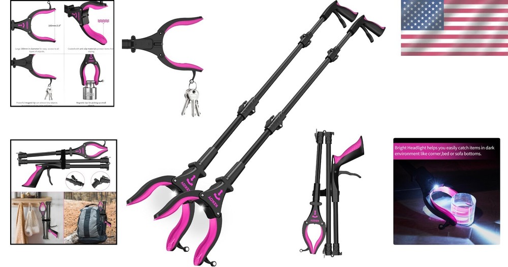 2 Pack 32'' Long Grabber Tool with Light - Perfect for Elderly Accessibility