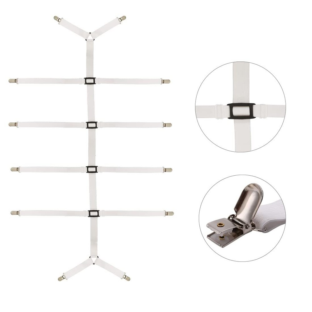 Bed Sheet Straps Crisscross Adjustable Clips for Keeping Sheets Tidy White