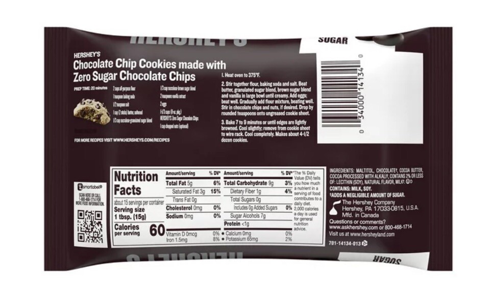 2 Hershey's Zero Sugar Chocolate Baking Chips 8 oz Bags