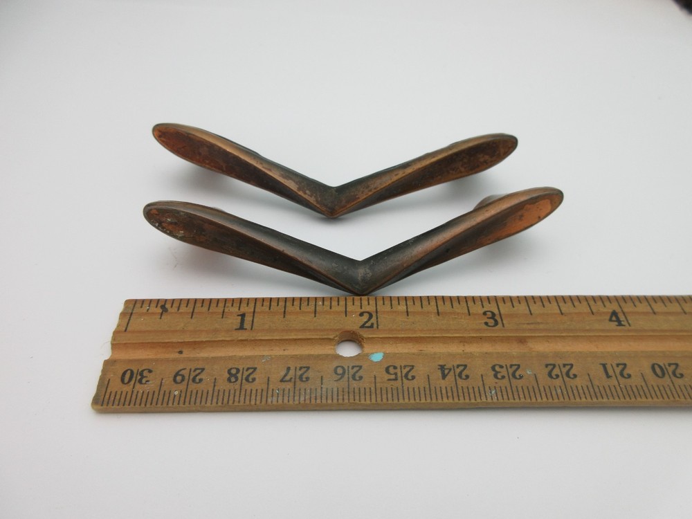 2 Vintage MCM Chevron Drawer Pulls 2.75" Centers Worn Copper Tone LY9