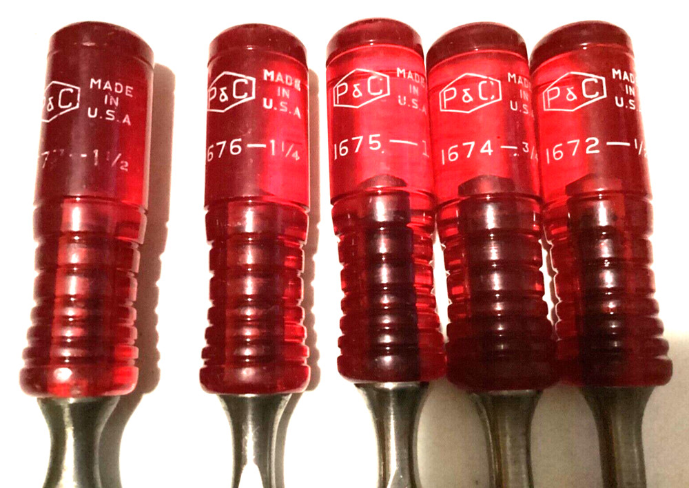 VTG P&C 5 Chisel set Permaloid Red Handle Cabinetmakers Tools RARE. 1/2”-1 1/2”