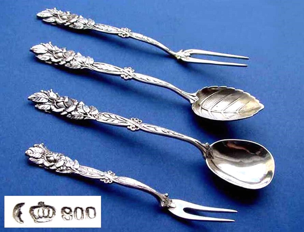 Set, 2 Fork +2 Spoon, Rose Decoration, 800er Silver B714