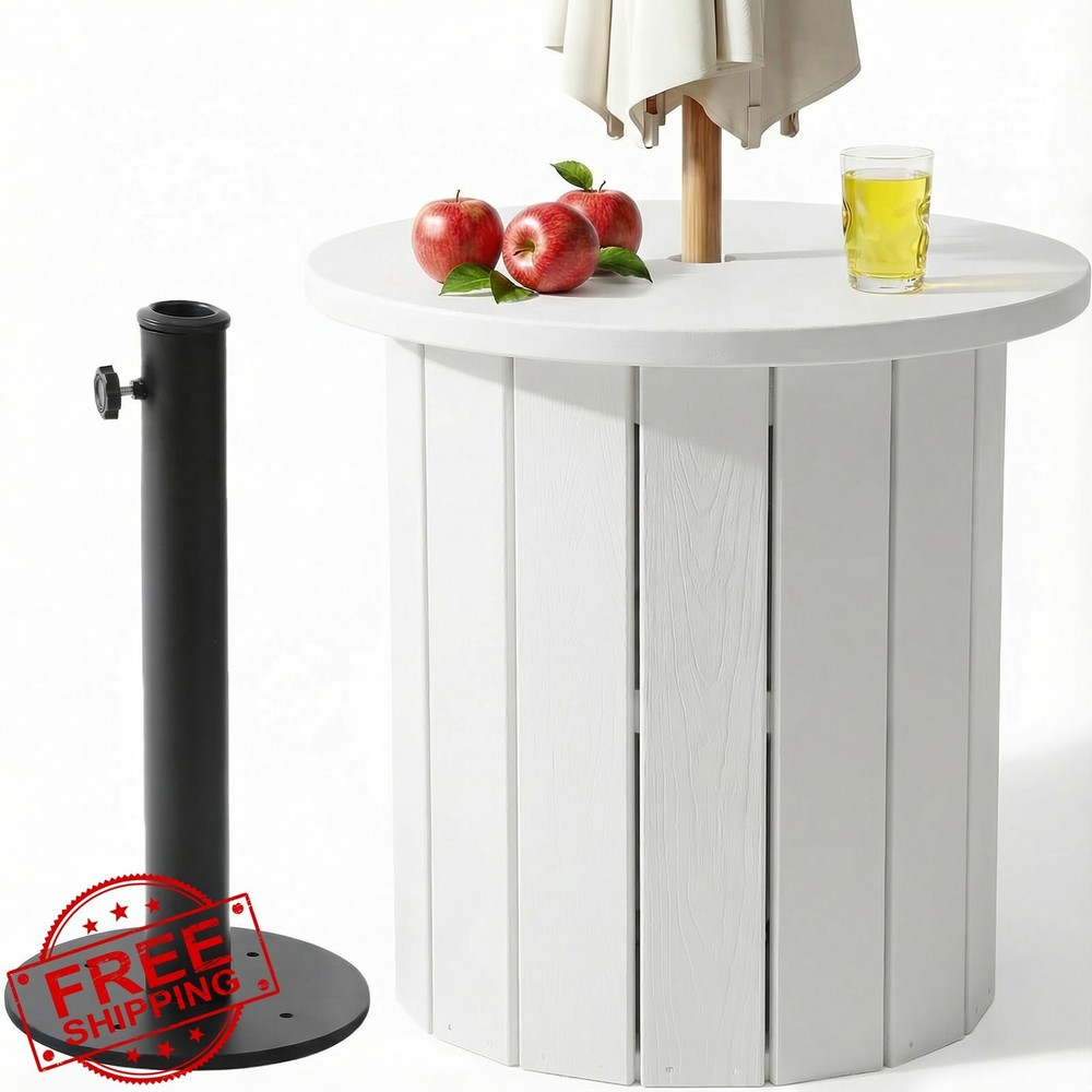 PASAMIC 2-in-1 Umbrella Side Table, Fillable Base, HDPE, White