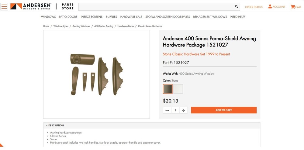 Andersen 1521027 Hardware Pack Perma-Shield ® Improved/E-Z Awning Windows 1999 -