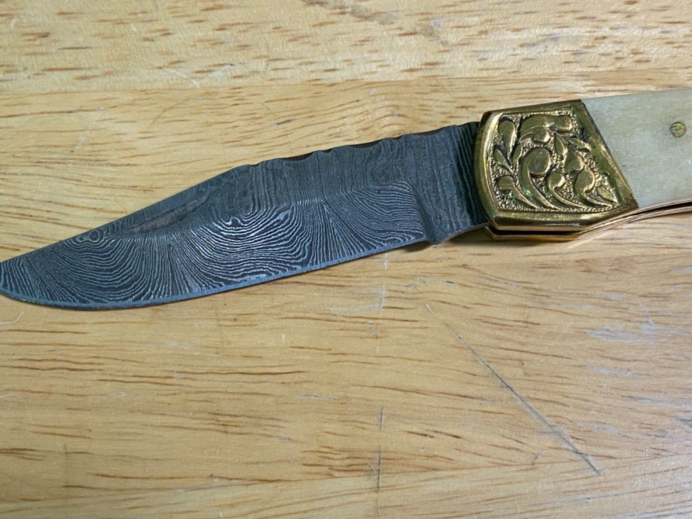 Damascus Steel Folding Pocket Knife - With Sheath
