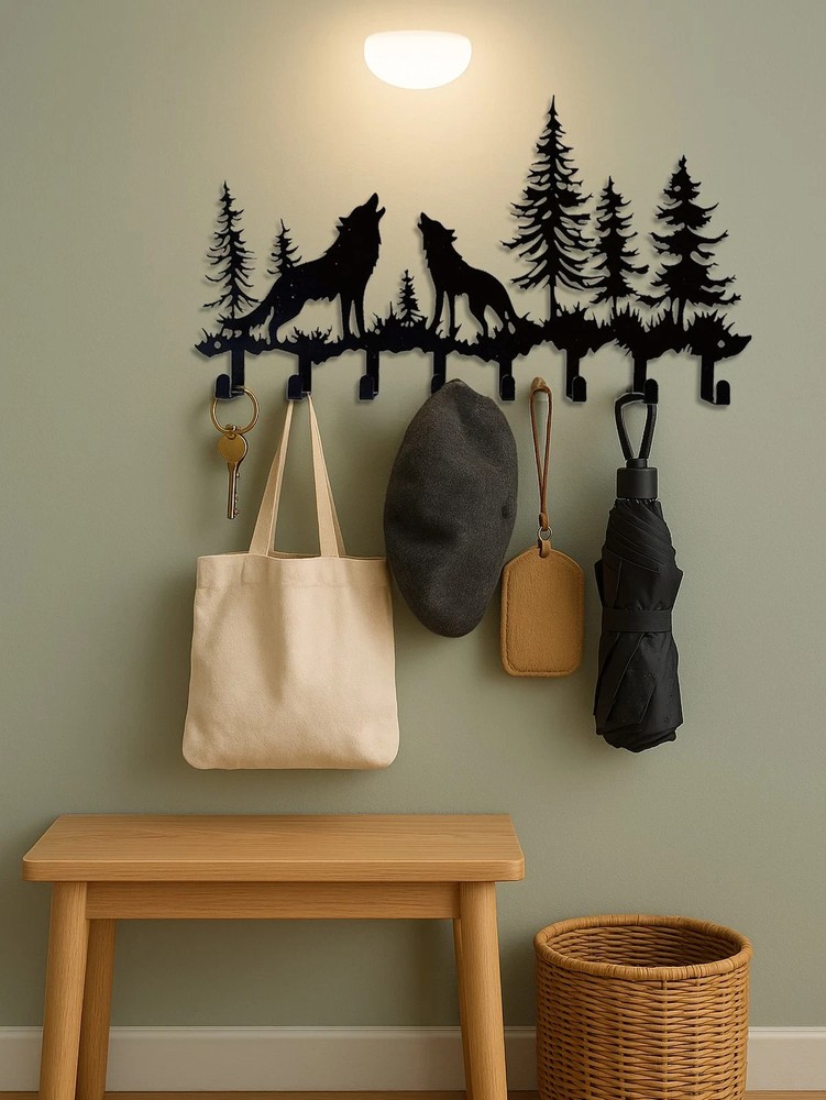 Rustic Wolf Design Key Hooks Wall Mounted Coat Rack Decor