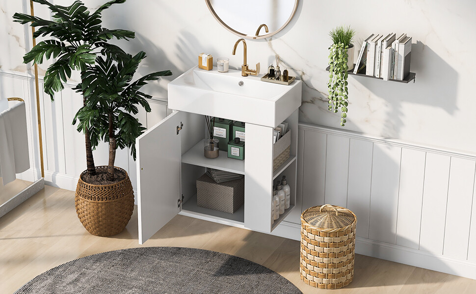 21.6"Wall Mounted Bathroom Vanity W/Ceramic Basin Small Space Right Side Storage