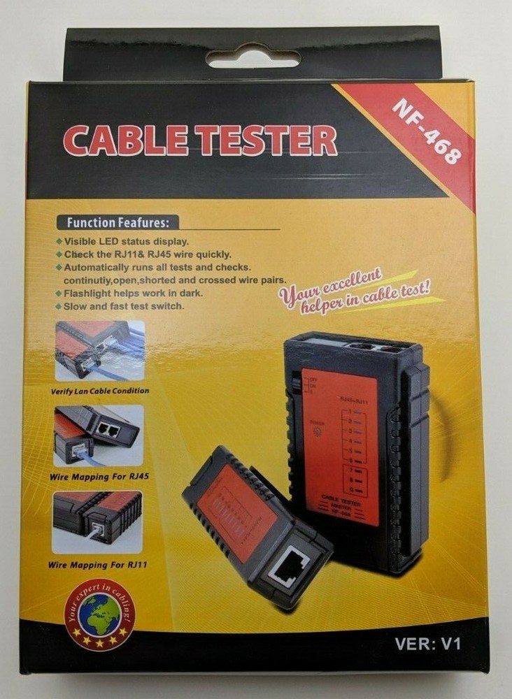 RJ45/RJ11 cable tester with 9V battery
