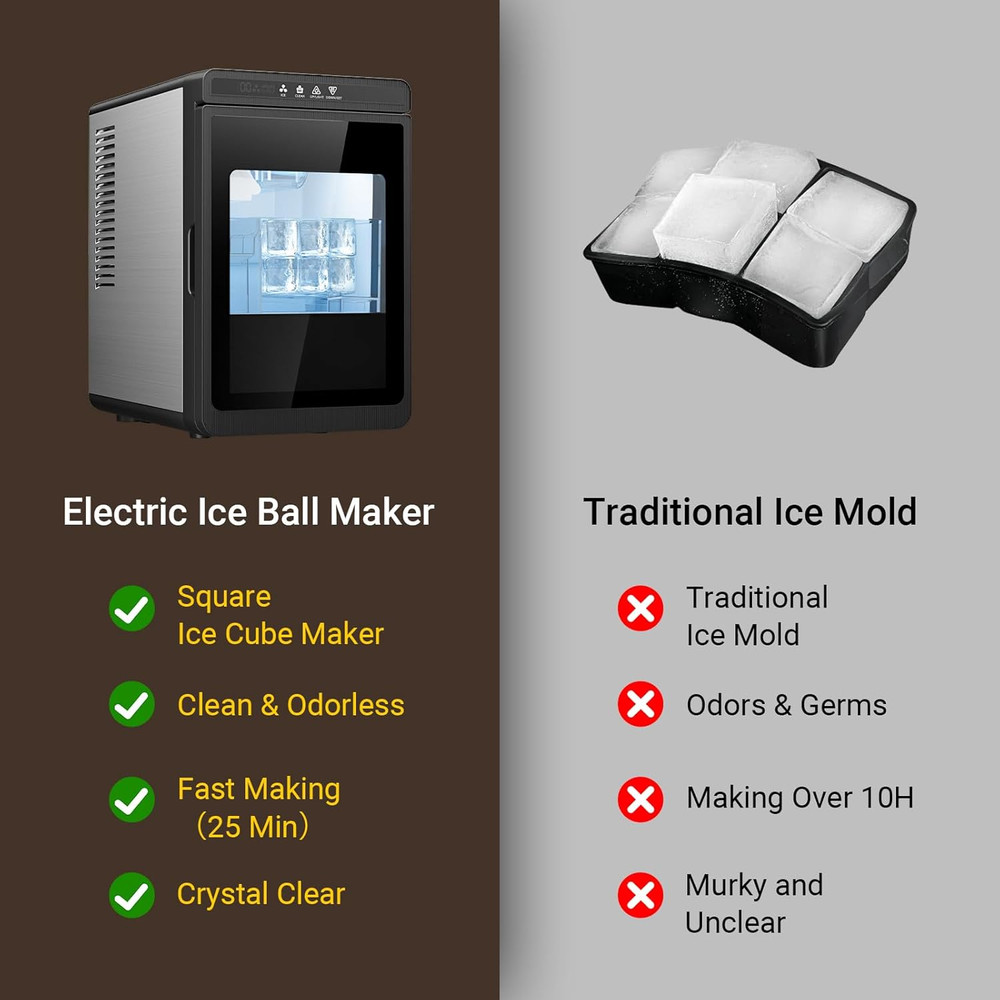 Large Square Ice Cube Maker, 3Pcs in 25Mins, Self-Cleaning, Adjustable Size