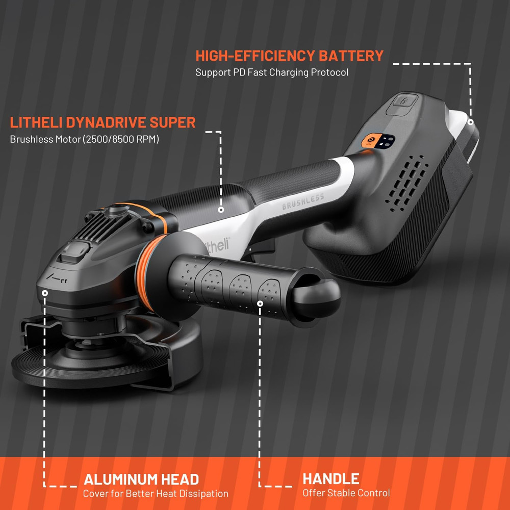 20V Brushless Cordless Angle Grinder, 4.9-Inch Variable Speed Grinder with Batte