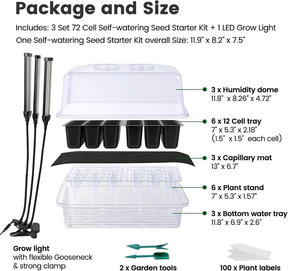 72 Cell Self Watering Seed Starter Trays with Grow Light, 3 Seed Starter Kit ...