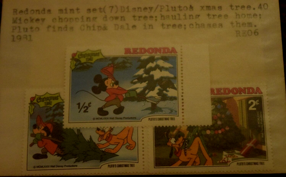 DISNEY, REDONDA, Mint Set (7) ,"PLUTO CHRISTMAS TREE, MICKEY CHOPPING," 1981