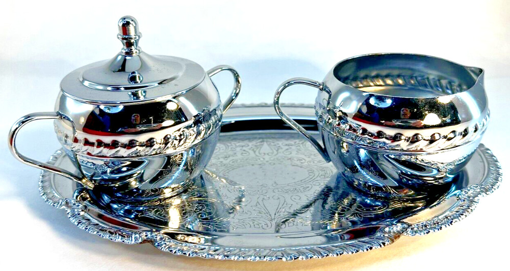 Irvinware Tray With Scrollwork Lidded Sugar Bowl and Creamer