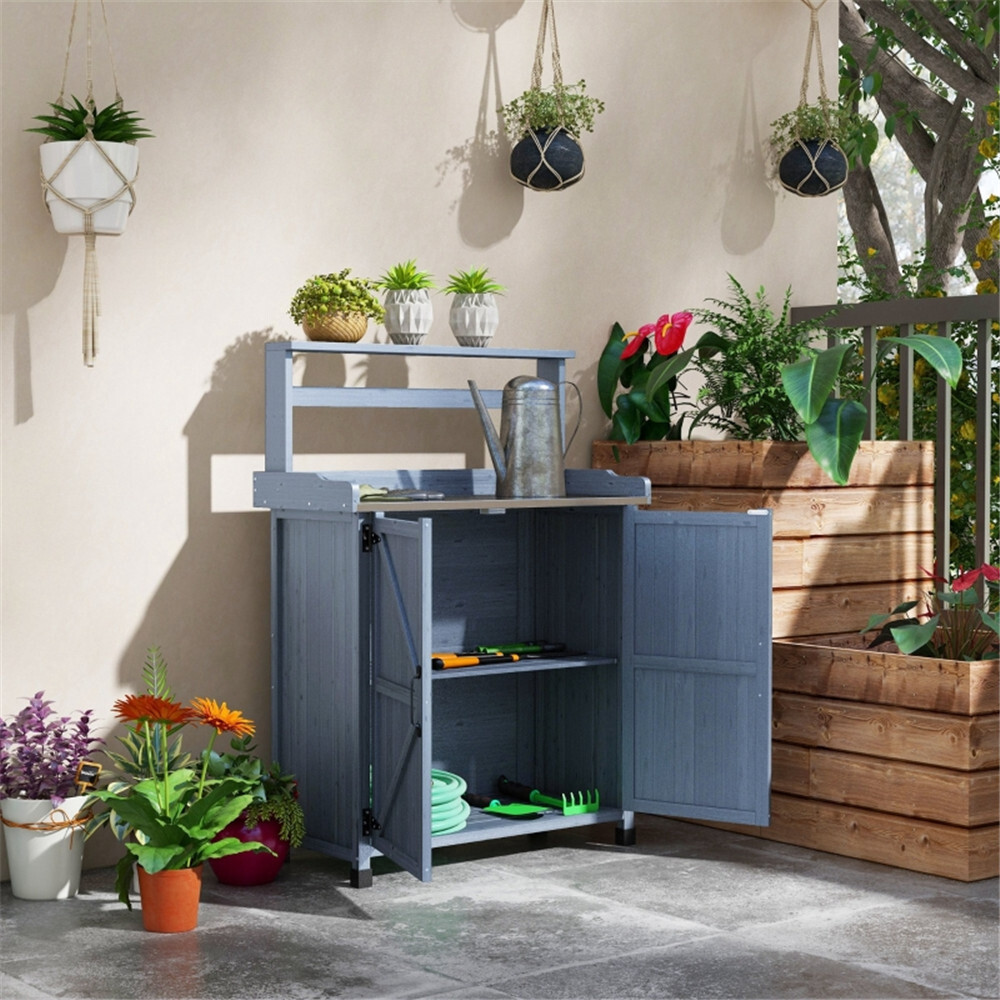 Potting Bench with Storage Cabinet Gray