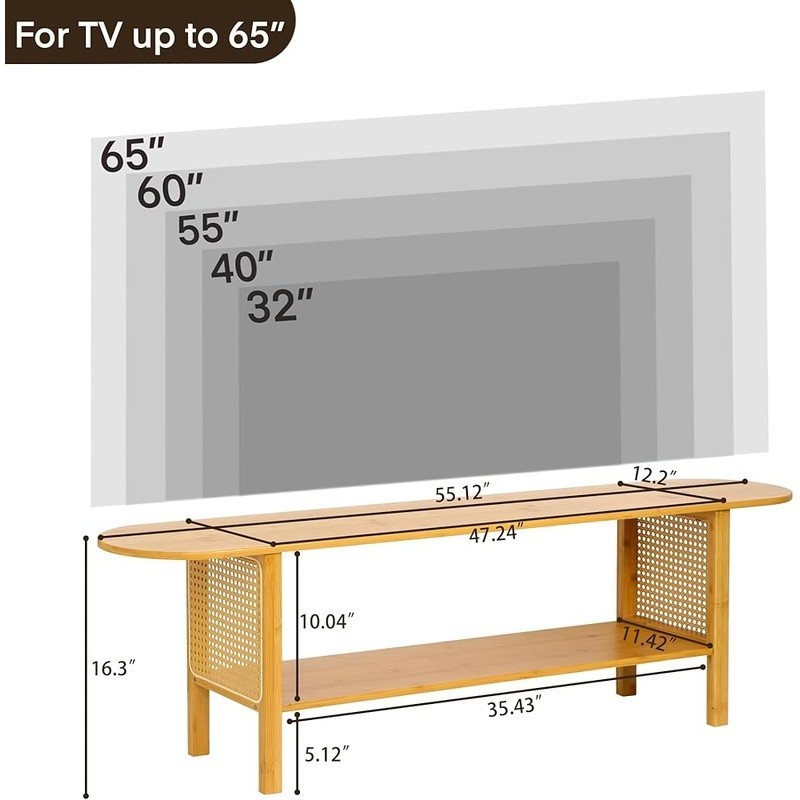 Bamboo TV Stand Rattan Design Ample Storage Multi-Functional Easy Assembly New