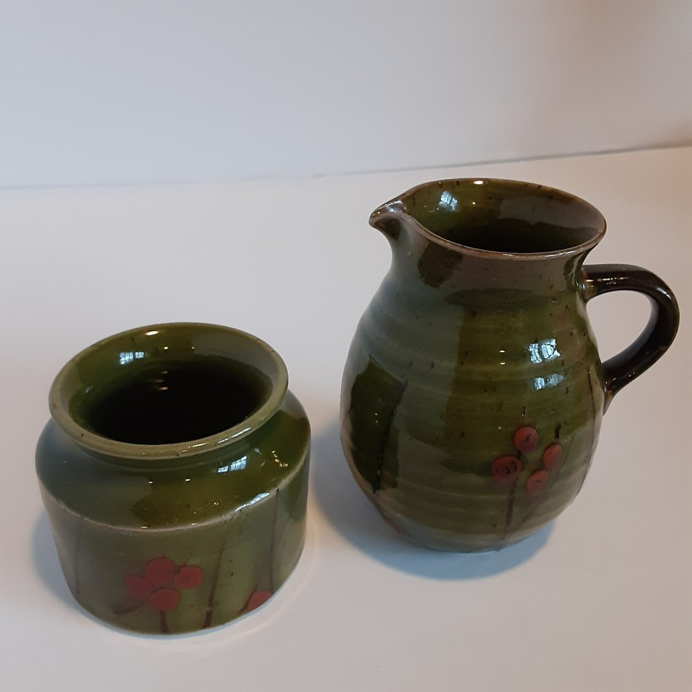 Olive Green Pottery Creamer and Open Sugar