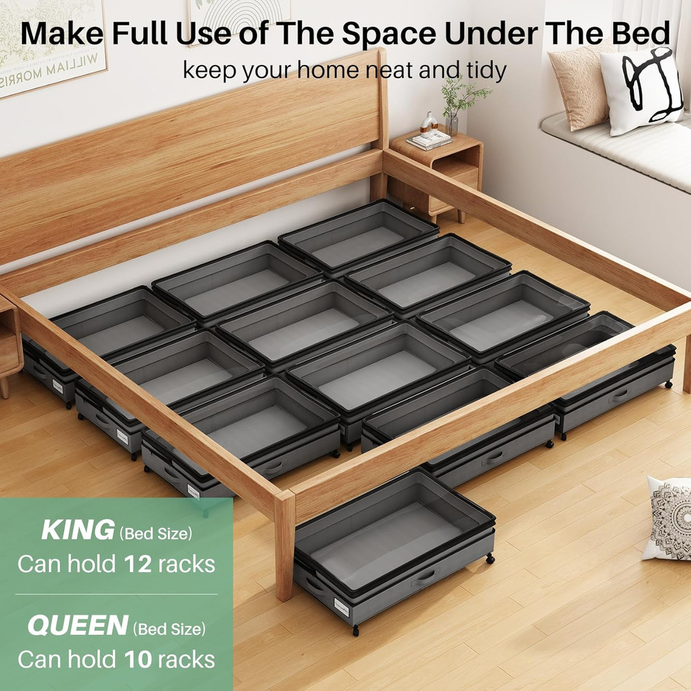 4 Pack Height-Adjustable Under Bed Shoe Storage with Wheels - Gray