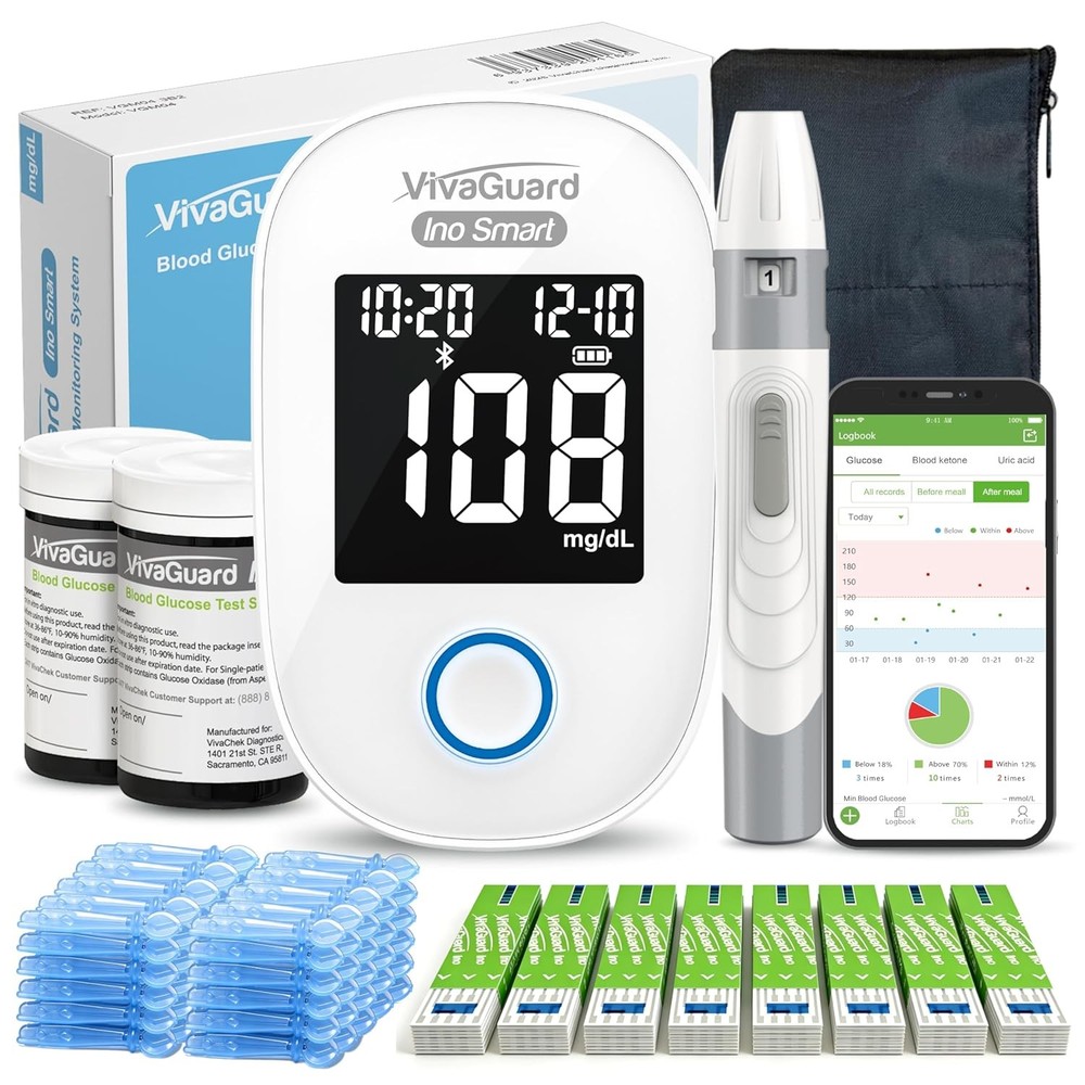 Smart Glucose Monitor Kit with Bluetooth App 100 Strips Lancets No Coding