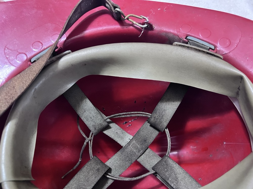 VTG MSA Fireman’s Helmet Red with original adjustable strap.