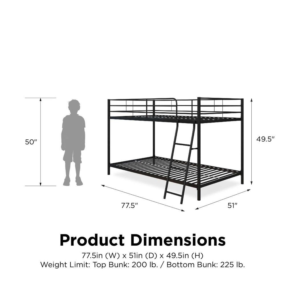Small Spaces Twin-over-Twin Low Profile Junior Bunk Bed, Silver