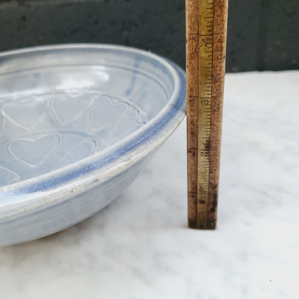 Studio Pottery Handmade Bowl Signed Heart Pattern Blue 8"