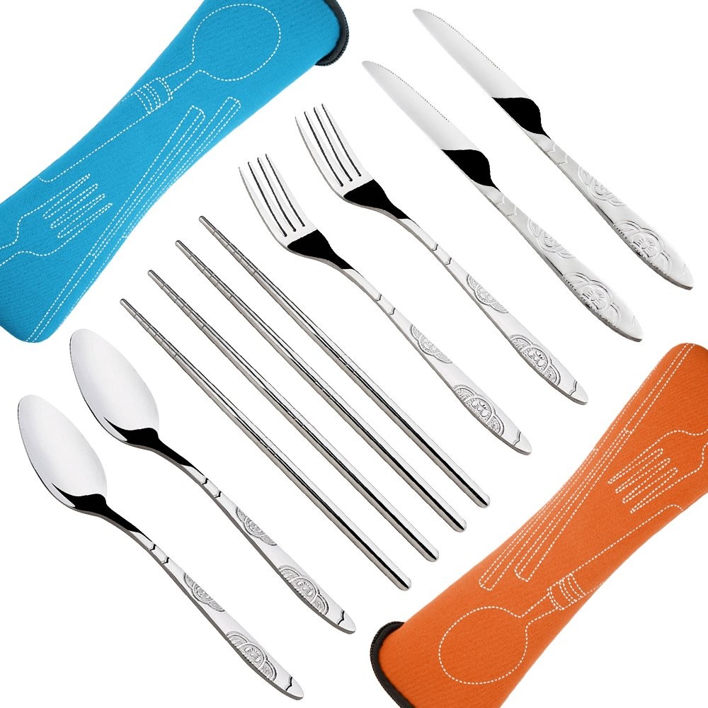 8 Pieces Flatware Sets Knife Fork Spoon Chopsticks 2 Pack Rustproof Stainless