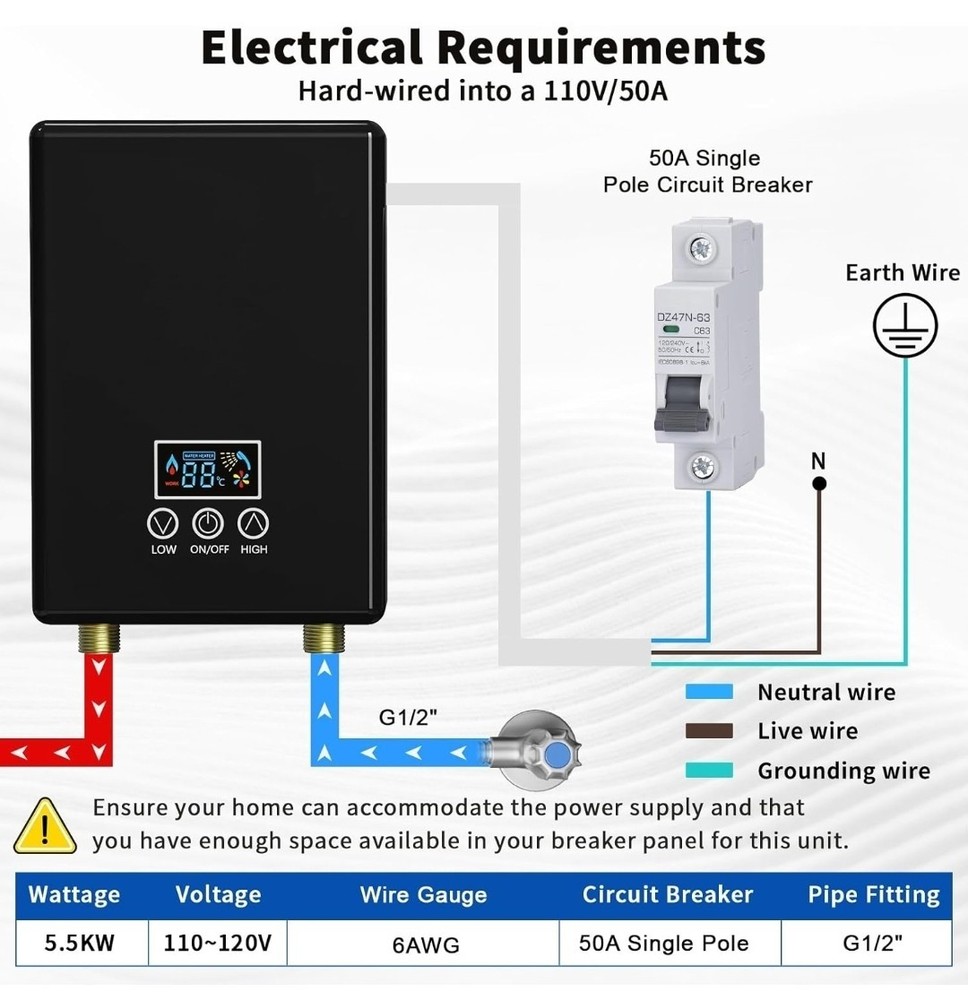 Tankless Electric Water Heater,110V 5500W Under Sink Instant White