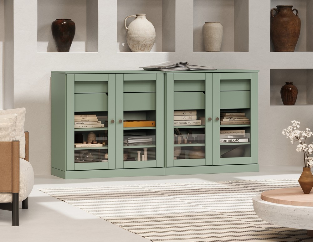 100% Solid Wood 64" Sideboard with Clear Glass Doors and 4 Drawers