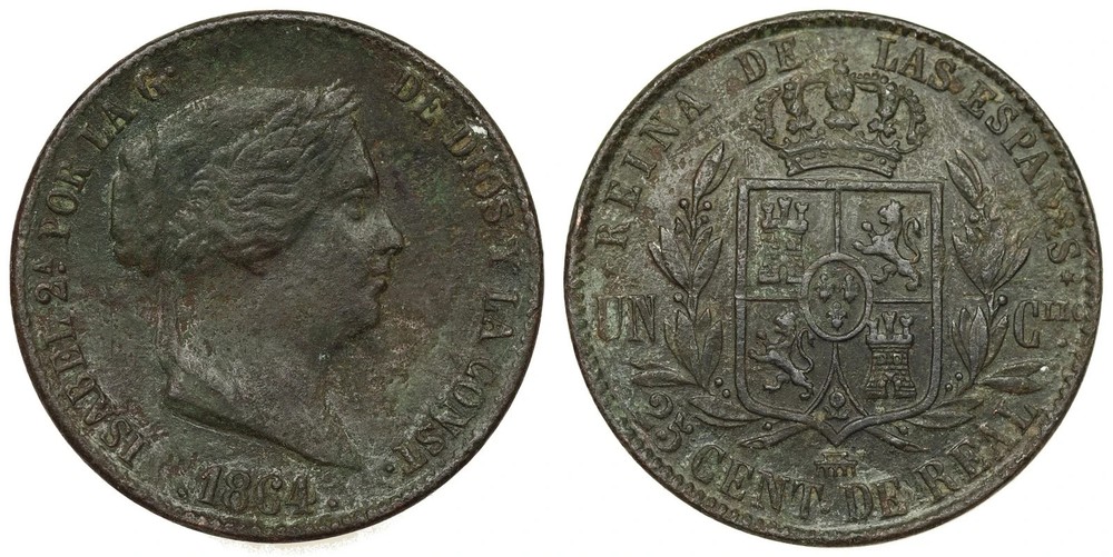 Spain - 25 Centimos de Real 1864 - Isabella II