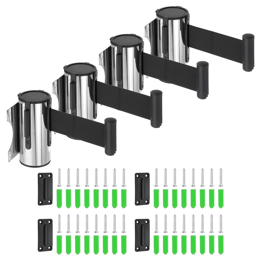 4 Pcs 9.84 ft Fixed Wall Mount Retractable Belt Barrier Silver/Black