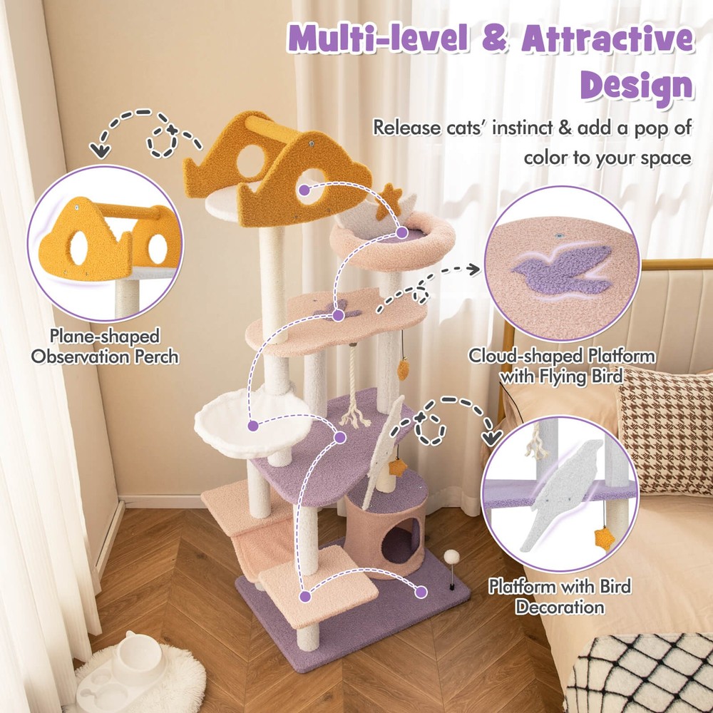 Cat Tree Cats Multi-level Cat Tower w/ Sisal Covered Scratching Posts, Hammock