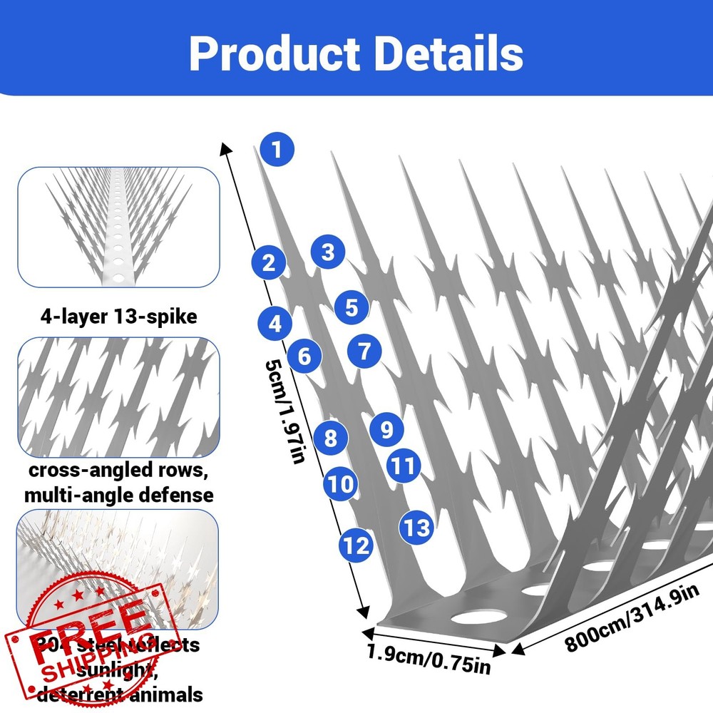 Bird Spikes Squirrel Baffle, 320" Deterrent, Fence, Wall, Tree