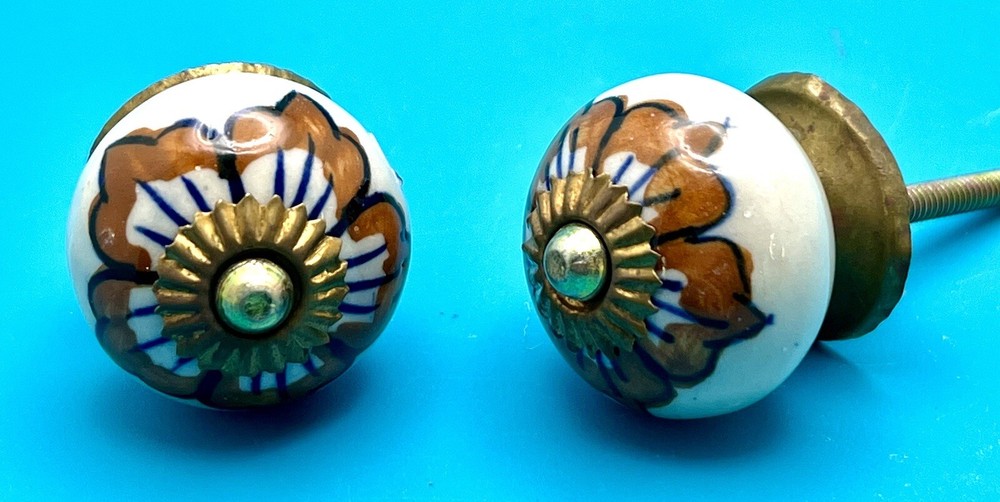 2 Vintage Ceramic Knobs with Hardware Ivory Brown Blue Flower 1 1/2" x 1"
