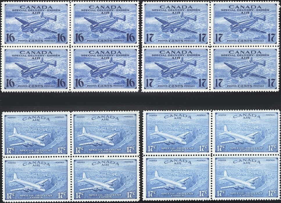 CANADA, 1942-46. Air Mail Special Delivery CE1-4 Blocks, Mint