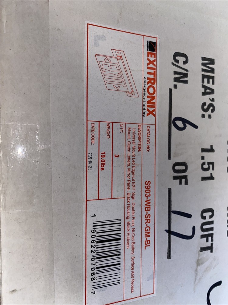 Exitronix UL listed exit sign; Green letters, S903-WB-SR-GM-BL, SAM