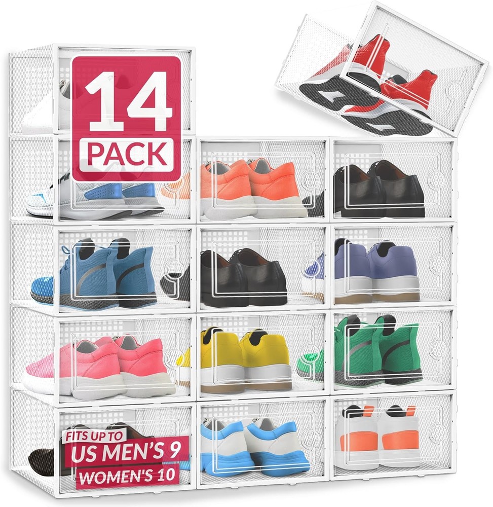 Reli. Shoe Boxes (14 Pack) | Clear Shoe Storage Boxes Stackable and Compact | Li