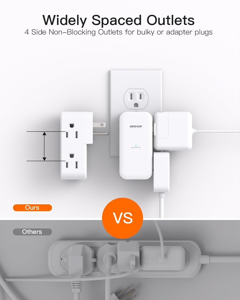 Surge Protector Outlet Extender- with Rotating Plug,6 AC Multi Plug White