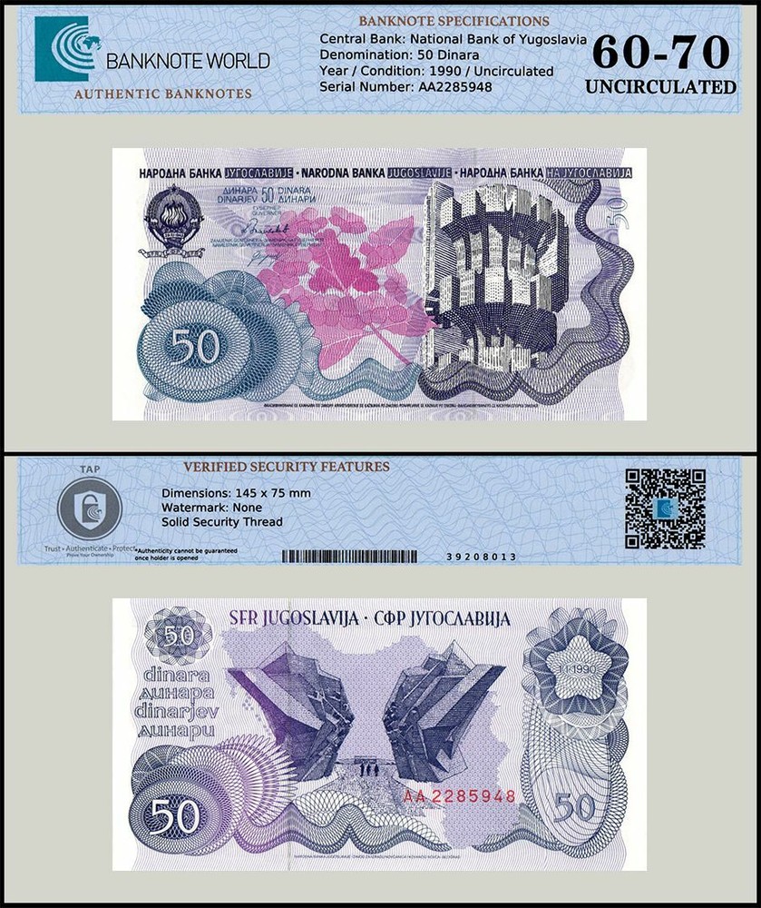 Yugoslavia 50 Dinara, 1990, P-101, UNC, Authenticated Banknote