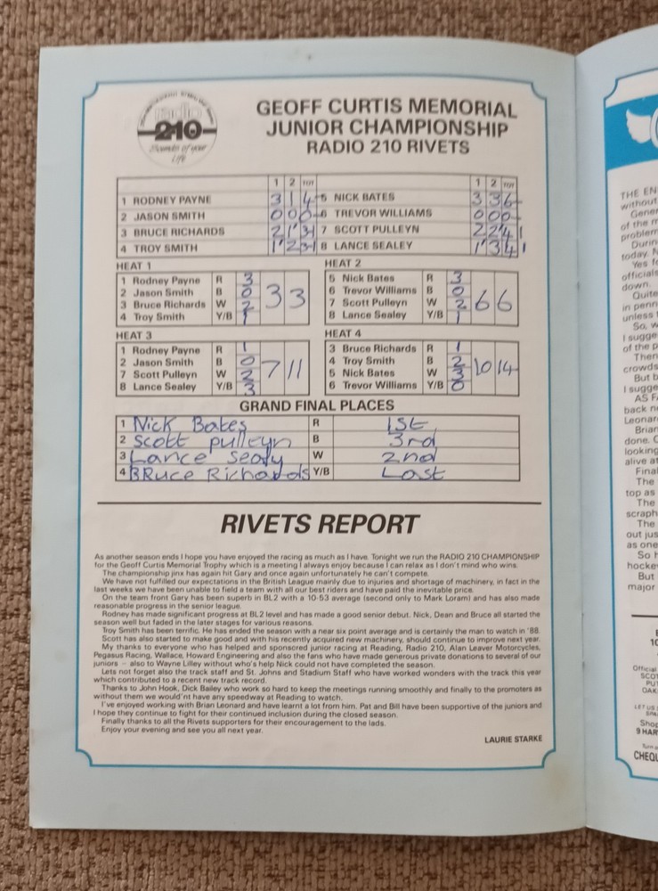 READING v SWINDON @ READING SPEEDWAY 26th October 1987 Challenge Match + Juniors