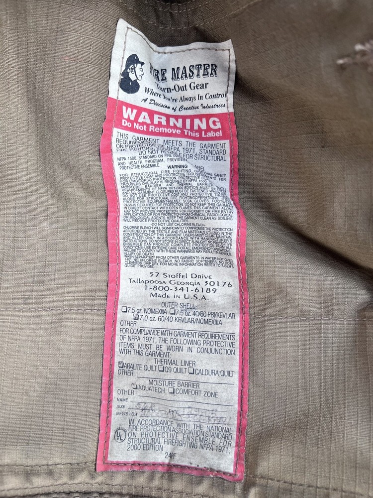 AUTHENTIC FIRE MASTER Firefighter TURN OUT JACKET 2005 Size 56R