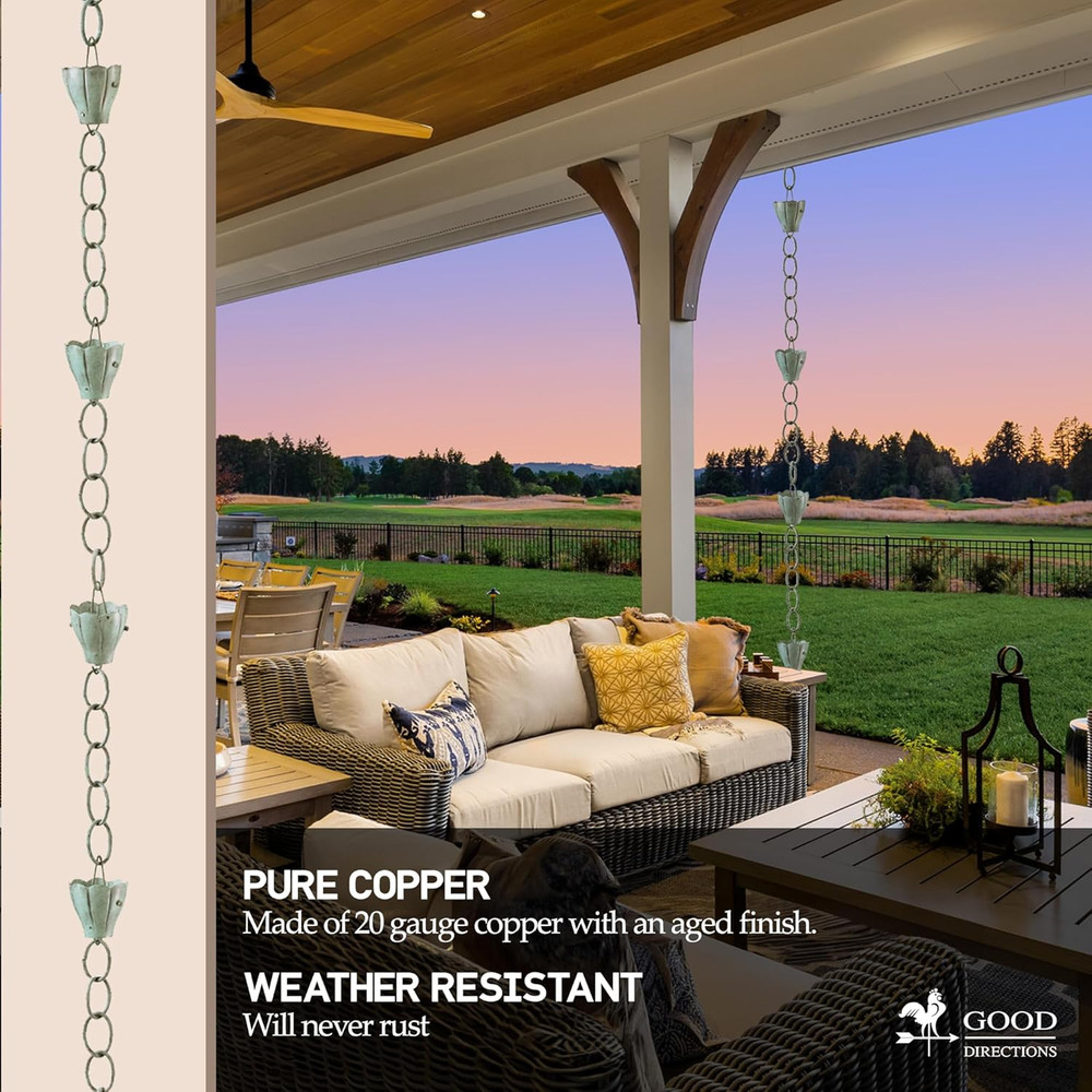 Crocus Rain Chain 8.5ft with Large Cups - 100% Blue Verde Copper