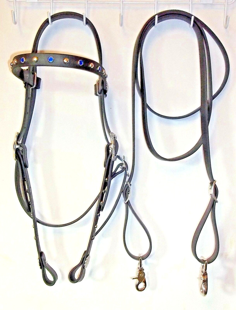 Bridle Headstall Loop Reins Bling Blue & Rainbow Clear Beta Bio-thane Black