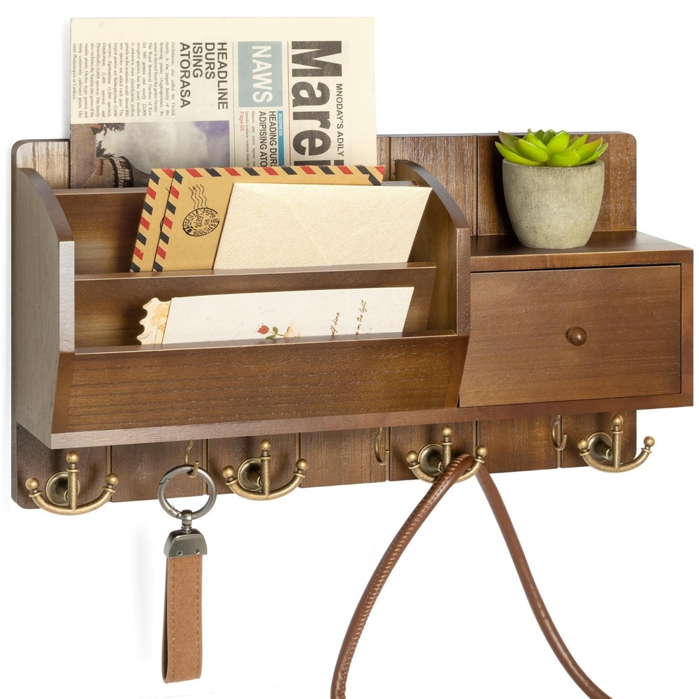 Wall Mount Key Holder with Mail Sorter - Rustic Organizer with Hooks & Drawer