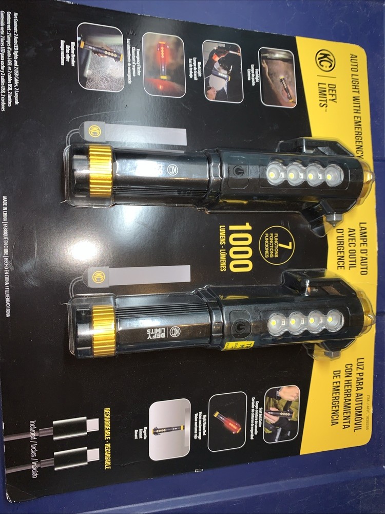 KC Auto Light with Emergency Tool, 2 Pack 1000 Lumen Rechargeable Flashlight Set