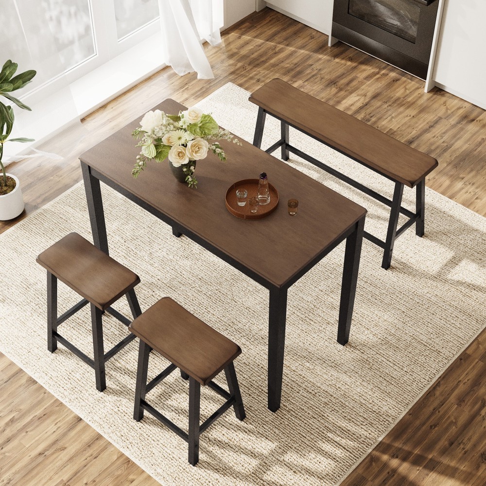 Solid Wood Dining Table Set for 4 People Farmhouse Kitchen Set w/ Bench 2 Chairs