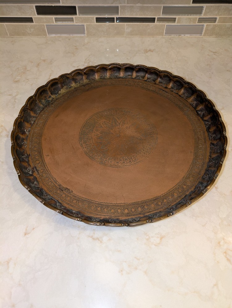Antique Copper Middle Eastern Etched Serving Tray (13.5")
